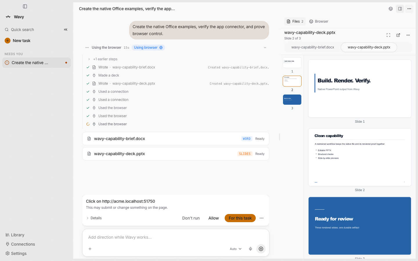 Wavy mid-task: a live step trace, rendered slide previews, and an approval card asking before it clicks on a page — Don’t run, Allow, or For this task.