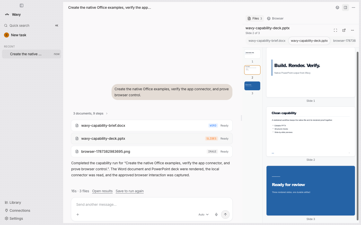 A completed Wavy task: the request, three ready files (Word, slides, image), the closing receipt with Open results, and rendered slide previews.